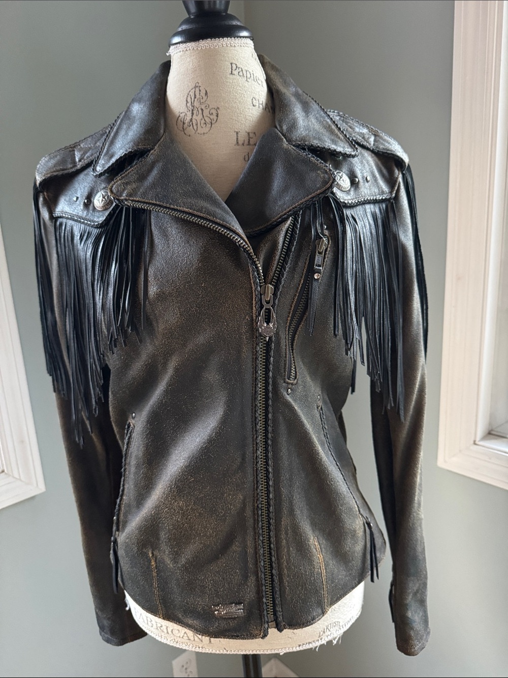 Harley Davidson fringed distressed leather side zip riding jacket EUC small - Picture 2 of 15